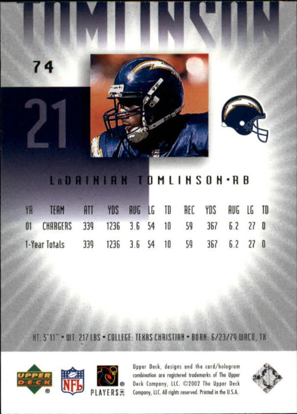 2002 UD Graded #74 LaDainian Tomlinson back image