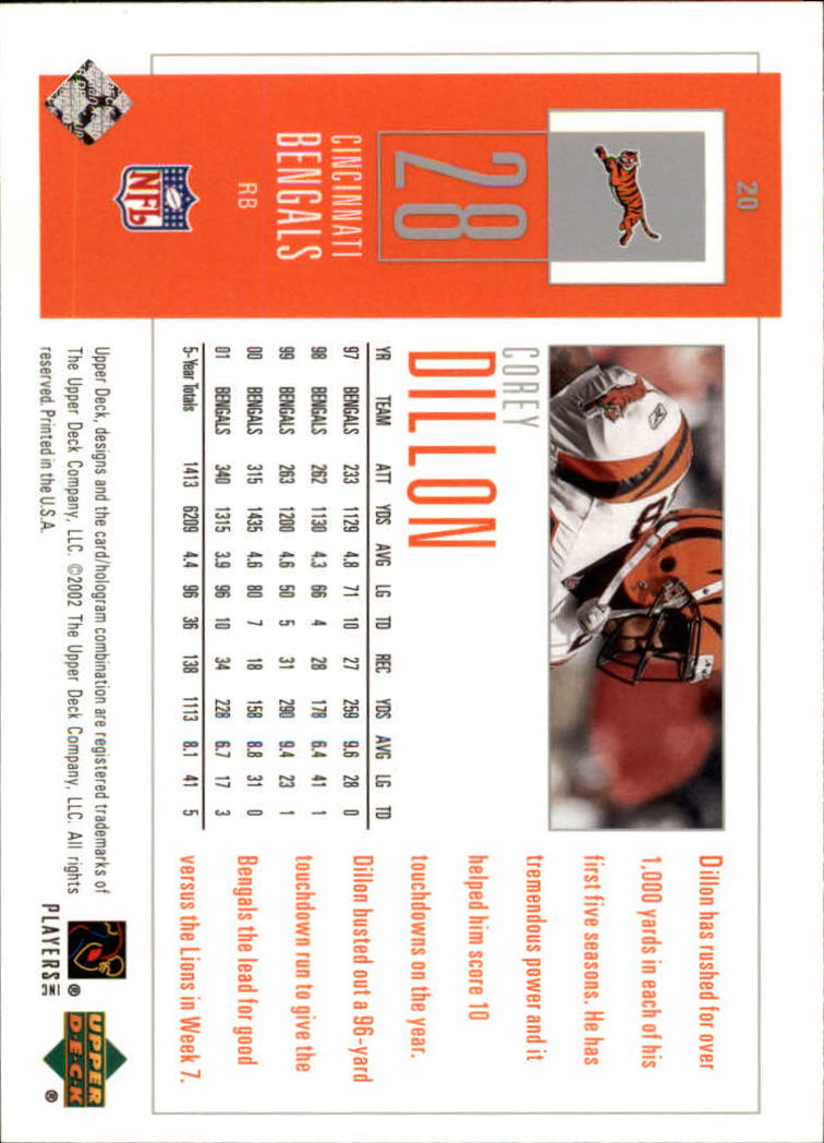 2002 UD Piece of History #20 Corey Dillon back image