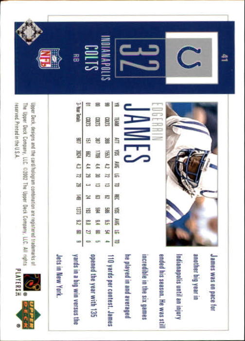2002 UD Piece of History #41 Edgerrin James back image