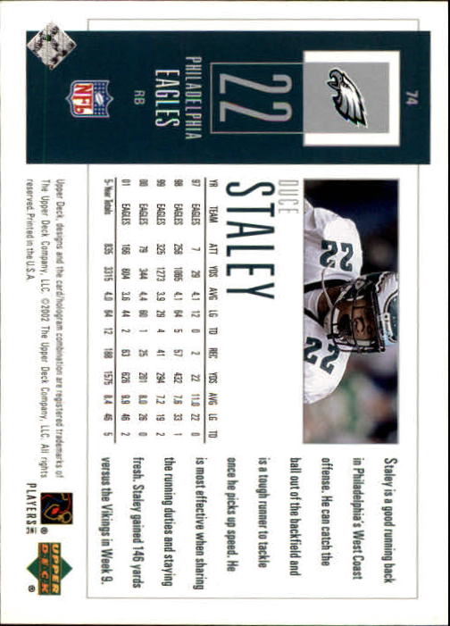 2002 UD Piece of History #74 Duce Staley back image