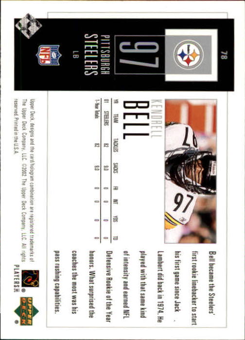 2002 UD Piece of History #78 Kendrell Bell back image