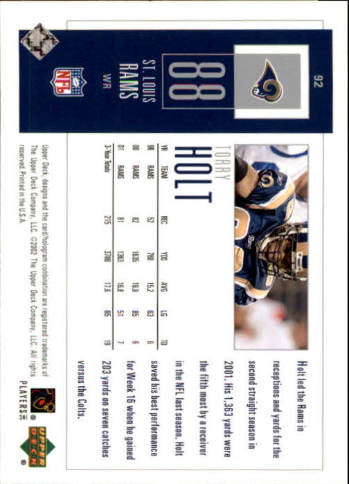 2002 UD Piece of History #92 Torry Holt back image