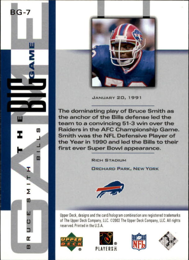 2002 UD Piece of History The Big Game #BG7 Bruce Smith back image