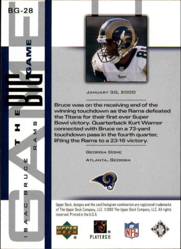 2002 UD Piece of History The Big Game #BG28 Isaac Bruce back image