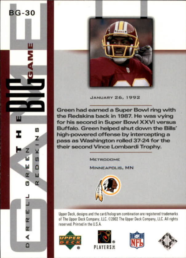 2002 UD Piece of History The Big Game #BG30 Darrell Green back image