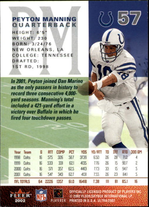 2002 Ultra #57 Peyton Manning back image
