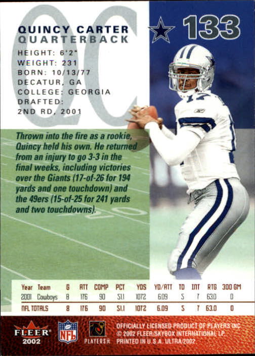 2002 Ultra #133 Quincy Carter back image