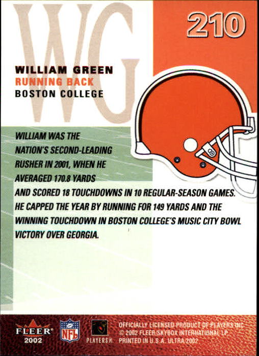 2002 Ultra #210 William Green RC back image