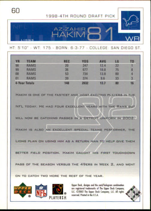 2002 Upper Deck Football "Main Set" Cards #1 to #300 - Picture 85 of 305