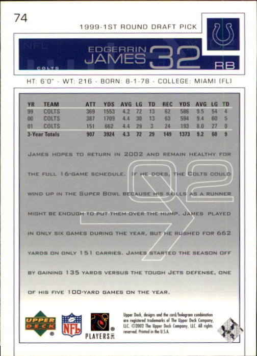 2002 Upper Deck Football "Main Set" Cards #1 to #300 - Picture 107 of 305