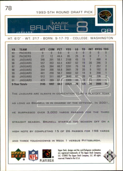 2002 Upper Deck Football "Main Set" Cards #1 to #300 - Picture 113 of 305