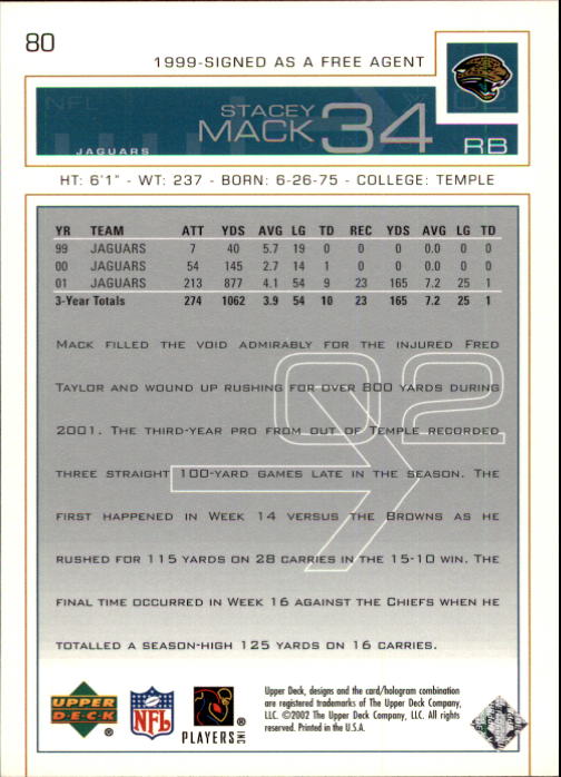 2002 Upper Deck Football "Main Set" Cards #1 to #300 - Picture 117 of 305