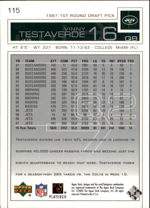 2002 Upper Deck Football "Main Set" Cards #1 to #300 - Picture 173 of 305