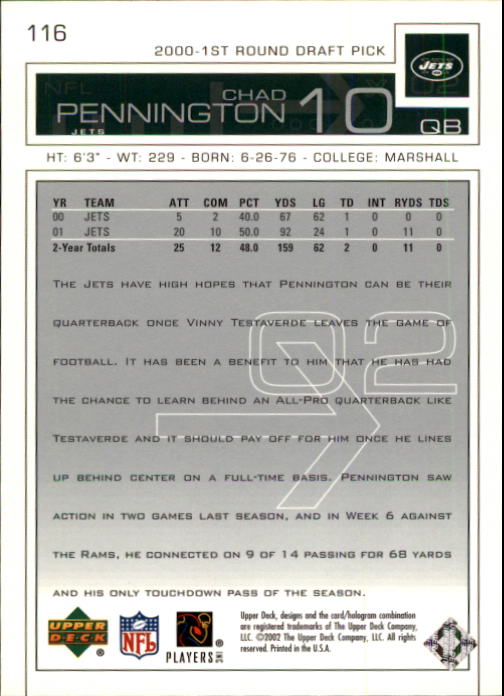 2002 Upper Deck #116 Chad Pennington back image