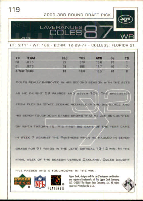 2002 Upper Deck #119 Laveranues Coles back image