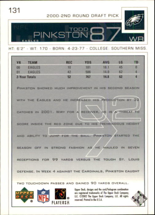2002 Upper Deck Football "Main Set" Cards #1 to #300 - Picture 199 of 305
