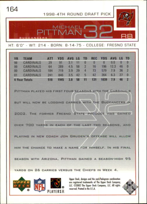 2002 Upper Deck Football "Main Set" Cards #1 to #300 - Picture 249 of 305
