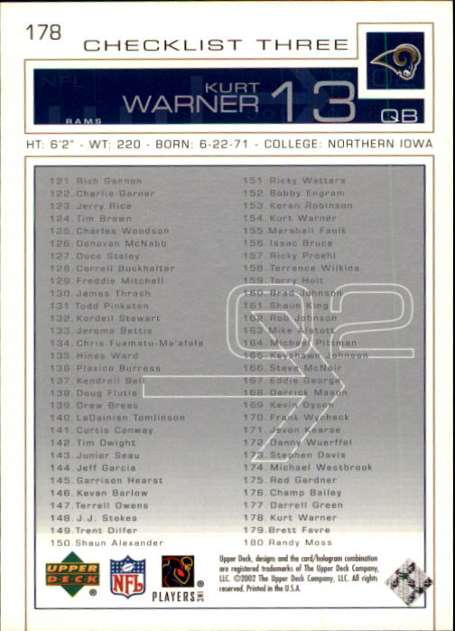 B0188- 2002 Upper Deck FB Card #s 1-200 +Rookies -You Pick- 15+ FREE US SHIP - Picture 335 of 341