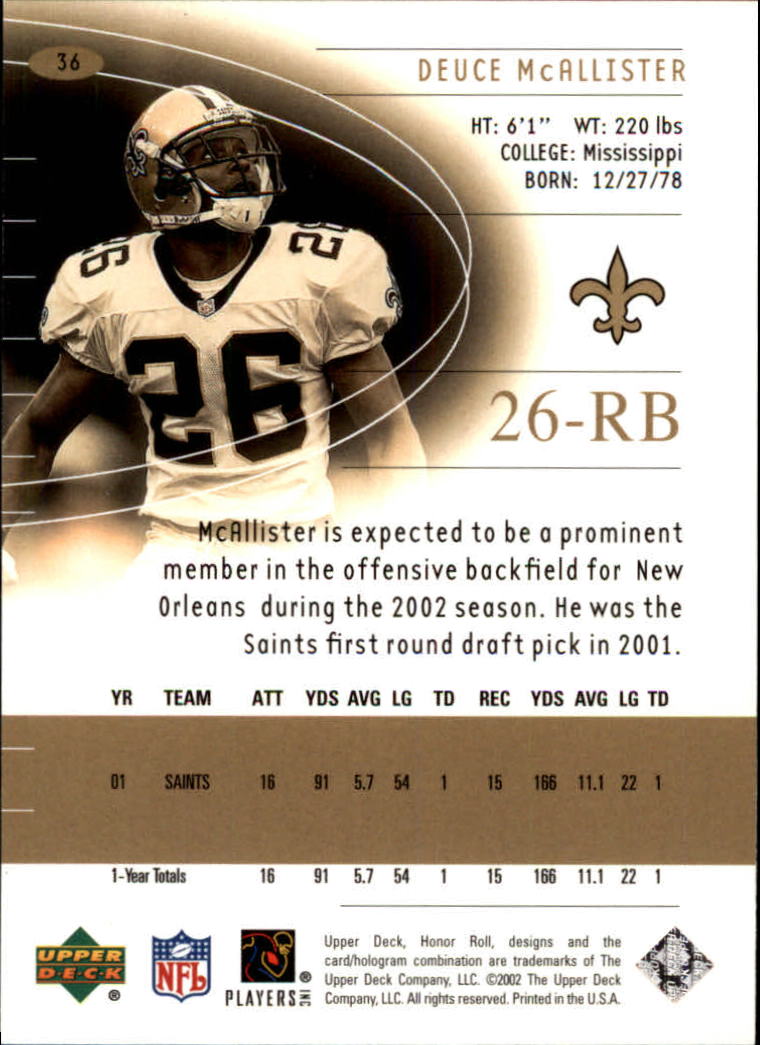 2002 Honor Roll (Upper Deck) Football "Main Set" Cards #1 to #166 - Picture 69 of 191