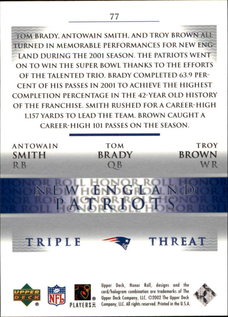 2002 Upper Deck Honor Roll #77 Tom Brady/Antowain Smith/Troy Brown back image