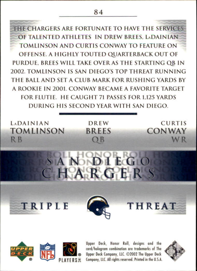 2002 Upper Deck Honor Roll #84 Drew Brees/LaDainian Tomlinson/Curtis Conway back image