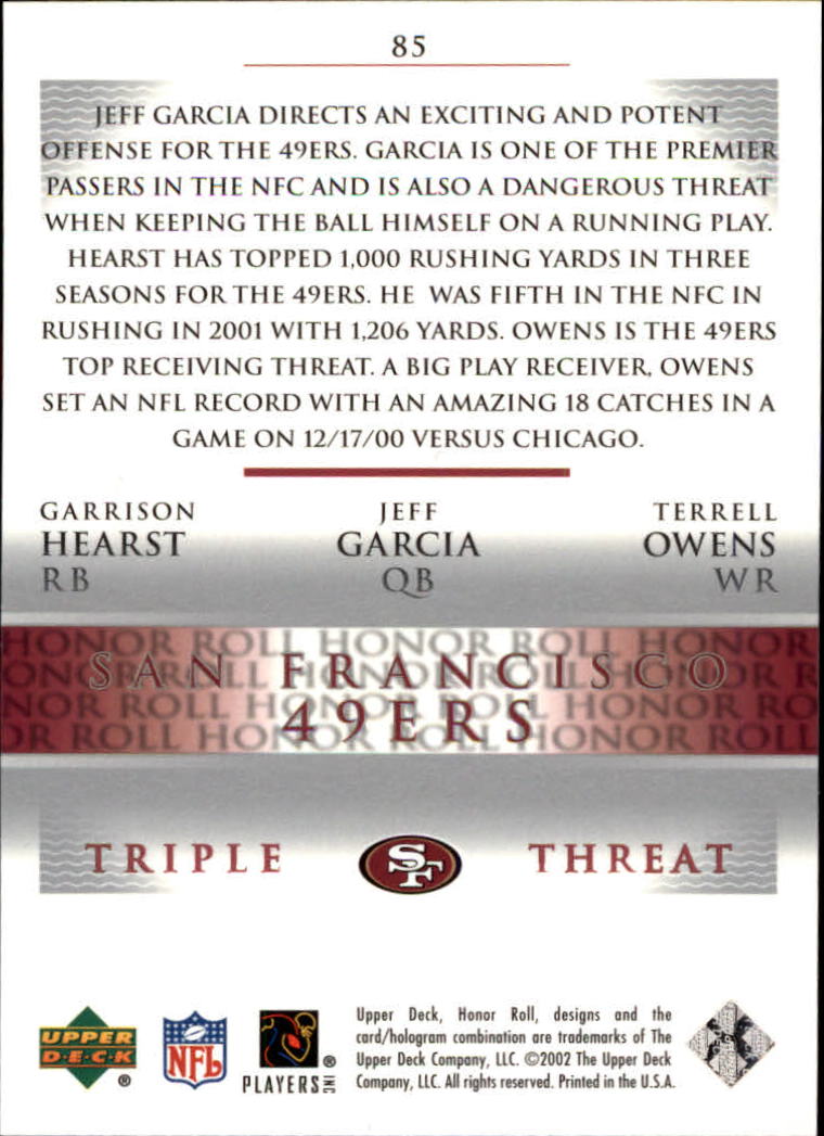 2002 Upper Deck Honor Roll #85 Jeff Garcia/Garrison Hearst/Terrell Owens back image