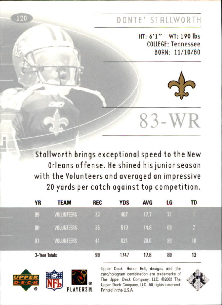 2002 Upper Deck Honor Roll #120 Donte Stallworth RC back image