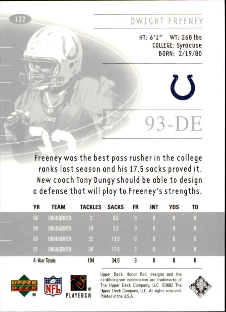 2002 Upper Deck Honor Roll #122 Dwight Freeney RC back image