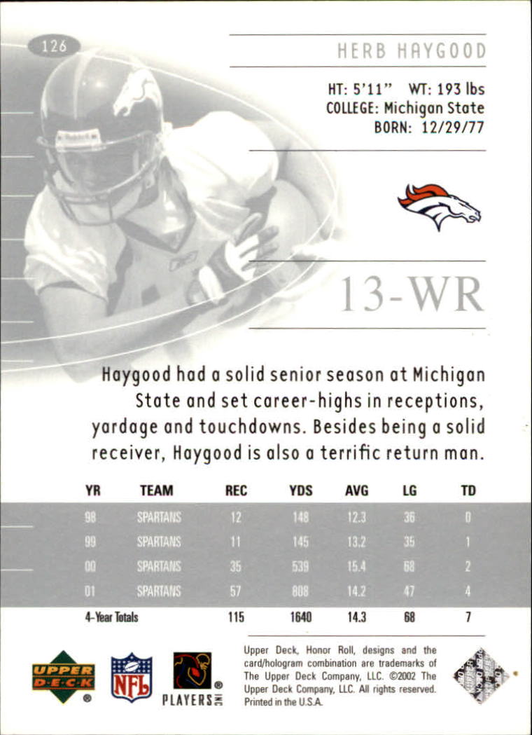 2002 Upper Deck Honor Roll #126 Herb Haygood RC back image