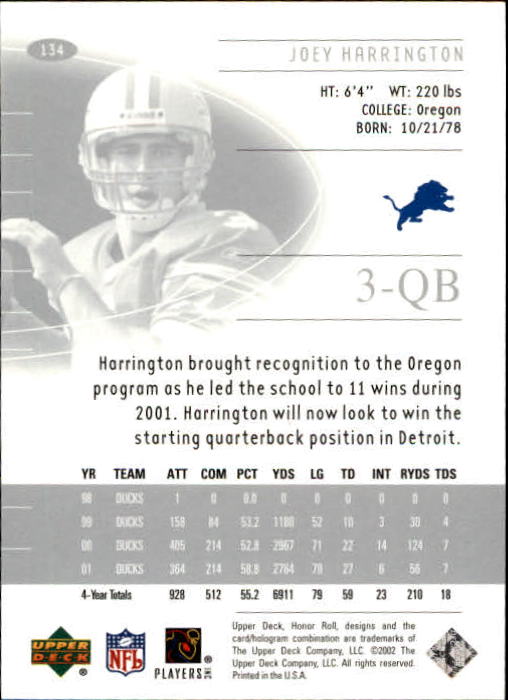 2002 Honor Roll (Upper Deck) Football "Main Set" Cards #1 to #166 - Picture 177 of 191