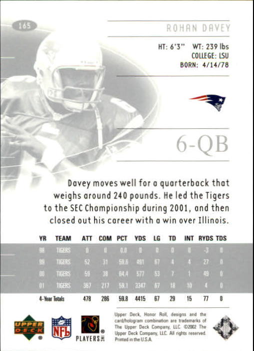 2002 Honor Roll (Upper Deck) Football "Main Set" Cards #1 to #166 - Picture 189 of 191