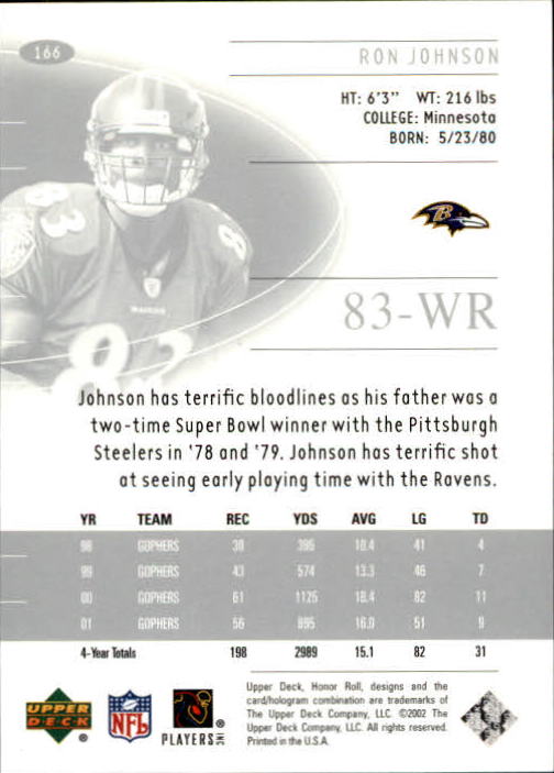2002 Honor Roll (Upper Deck) Football "Main Set" Cards #1 to #166 - Picture 191 of 191