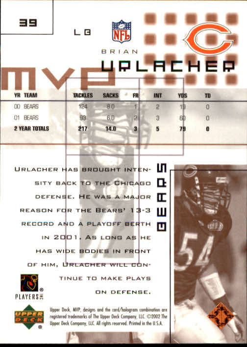 2002 Upper Deck MVP #39 Brian Urlacher back image