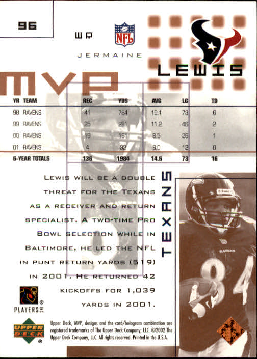 2002 Upper Deck MVP #96 Jermaine Lewis back image