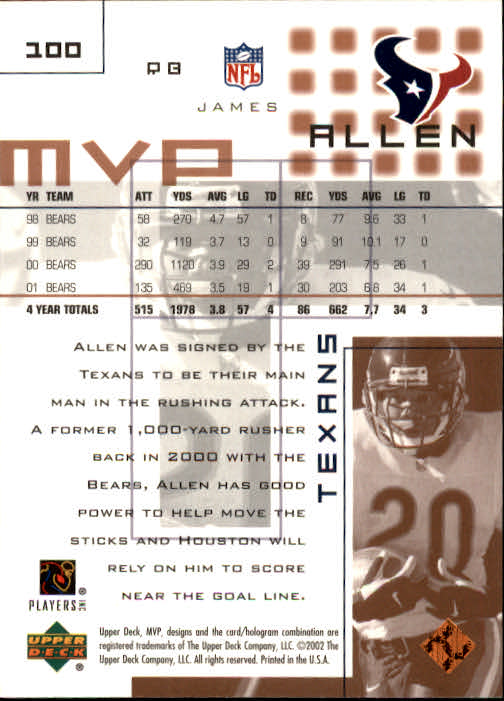 2002 Upper Deck MVP #100 James Allen back image