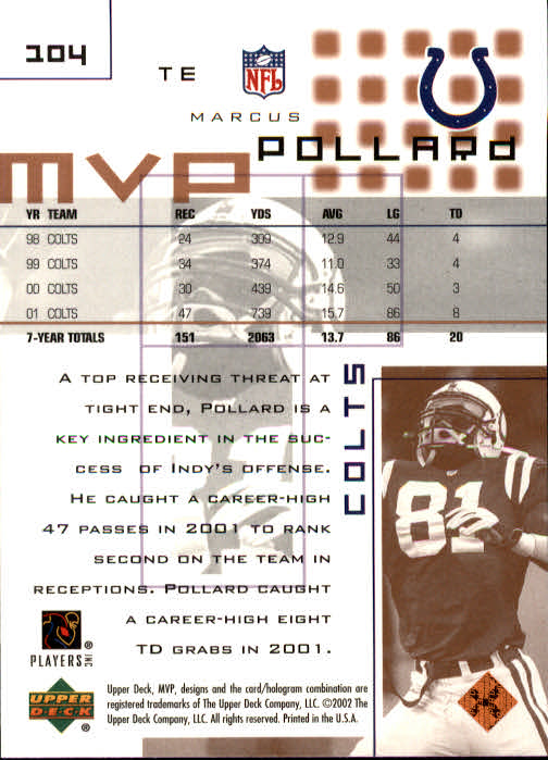 2002 Upper Deck MVP #104 Marcus Pollard back image