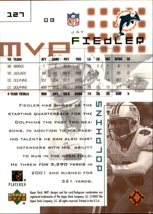 2002 Upper Deck MVP #127 Jay Fiedler back image