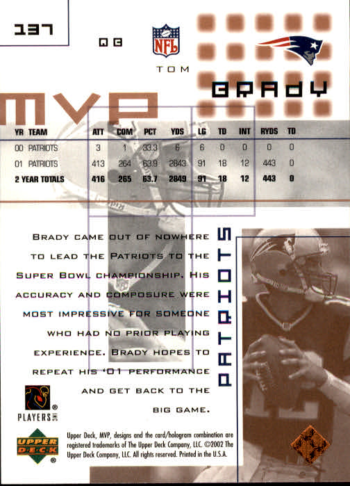 2002 Upper Deck MVP #137 Tom Brady back image
