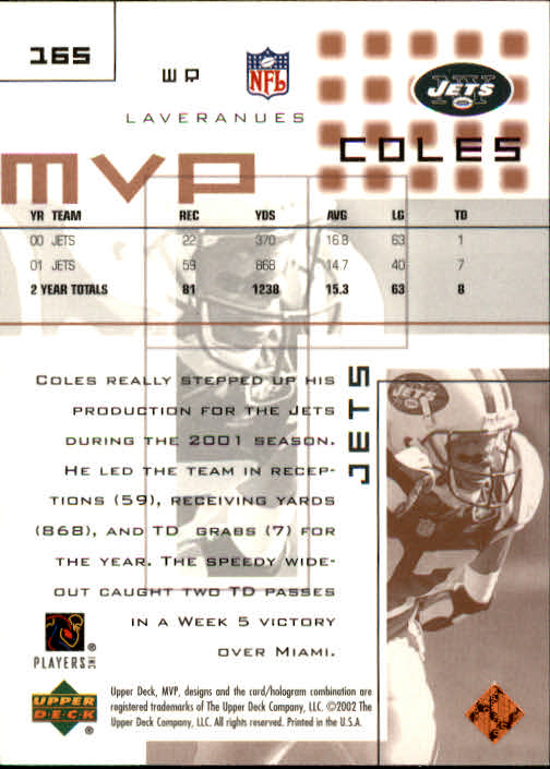 2002 Upper Deck MVP #165 Laveranues Coles back image