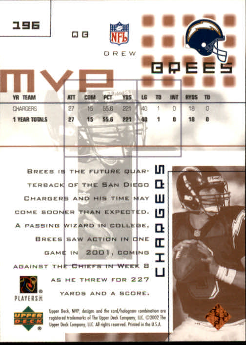2002 Upper Deck MVP #196 Drew Brees back image