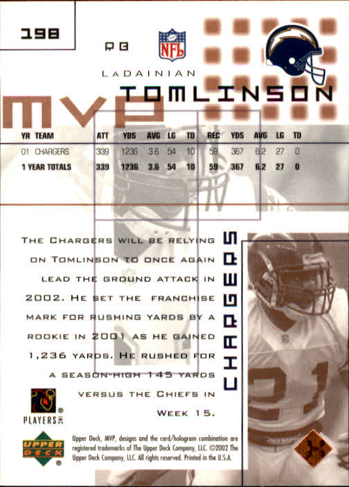 2002 Upper Deck MVP #198 LaDainian Tomlinson back image