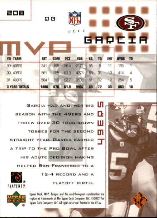 2002 Upper Deck MVP #208 Jeff Garcia back image