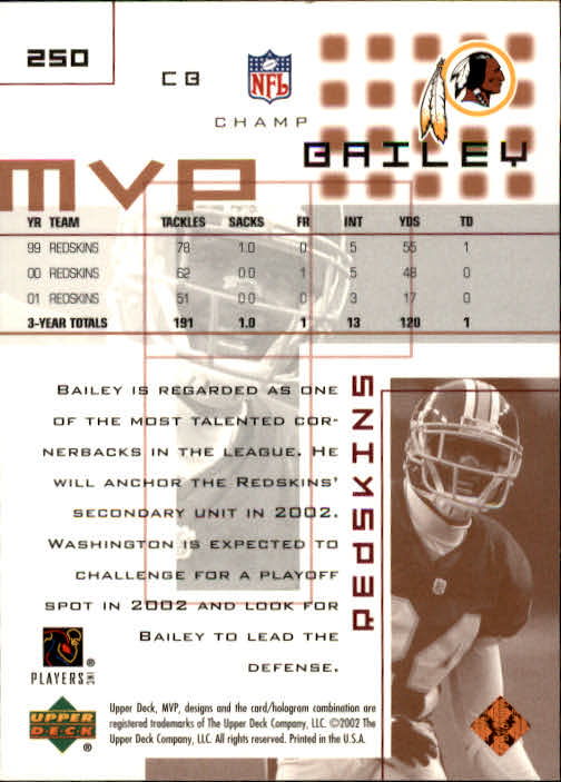 2002 Upper Deck MVP #250 Champ Bailey back image