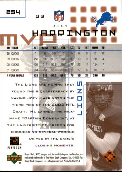 2002 Upper Deck MVP #254 Joey Harrington RC back image
