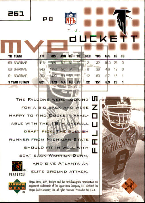 2002 Upper Deck MVP #261 T.J. Duckett RC back image