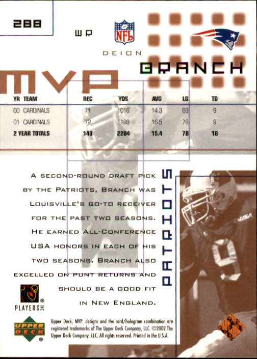 2002 Upper Deck MVP #288 Deion Branch RC back image