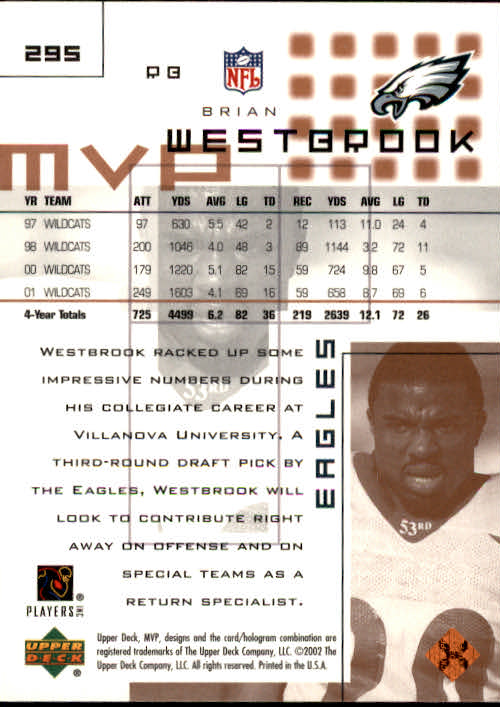 2002 Upper Deck MVP #295 Brian Westbrook RC back image