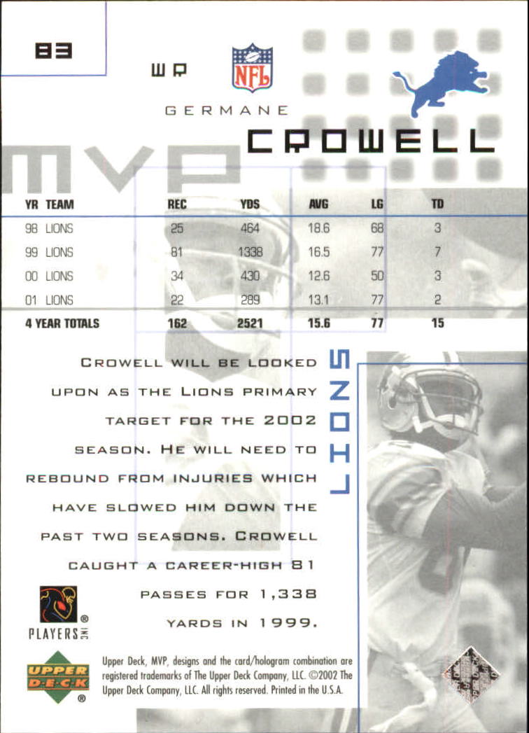 2002 Upper Deck MVP Silver #83 Germane Crowell back image