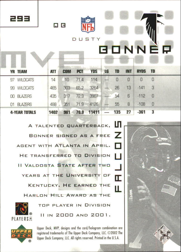 2002 Upper Deck MVP Silver #293 Dusty Bonner back image