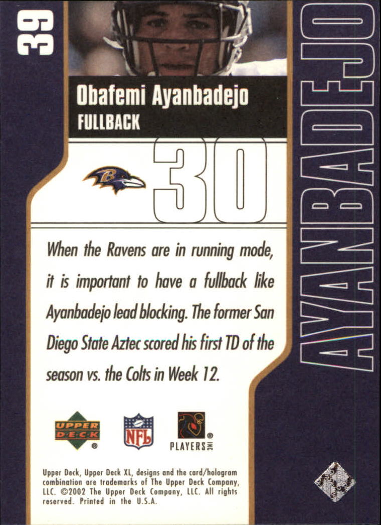 2002 Upper Deck XL #39 Obafemi Ayanbadejo back image
